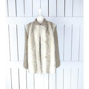 Vintage striped faux fur knit sleeve winter coat chunky short mid length